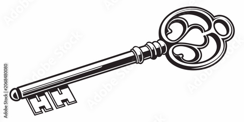 Εκτύπωση καμβά Elaborate antique key black and white vector illustration white background elabo