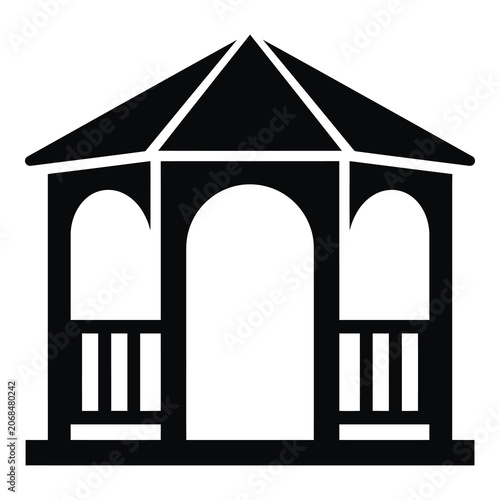 Black silhouette of a gazebo with a pointed roof and arched openings icon