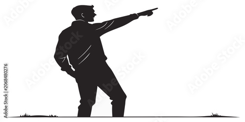 Quadro su tela Silhouette of a man pointing forward with hand in pocket white background silhou