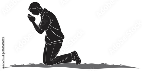 Cuadro en lienzo Man kneeling on grass with hands in prayer position black silhouette illustratio