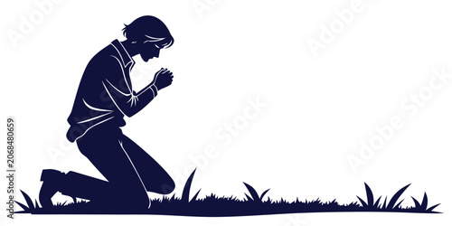 Konstfotografi Silhouette of a man kneeling and praying on grass with hands clasped head bowed