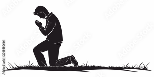 Konstfotografi Silhouette of a man praying on grass with his knees on the ground head bowed han