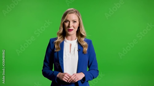 A professional woman points at a green screen background