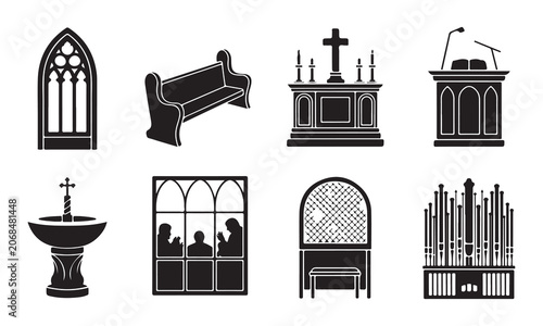 Принти на полотні Set of eight black silhouette representing church and religious interior includi