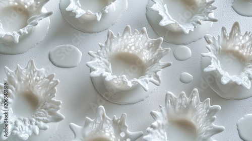 Milk impact crown overhead view multiple formations white ceramic surface artistic liquid sculptures pattern varying stages droplet dispersions symmetry details