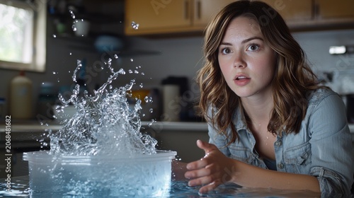 Water crown impact splash formation young woman kitchen demonstration clear glass container scientific experiment liquid photography high speed capture