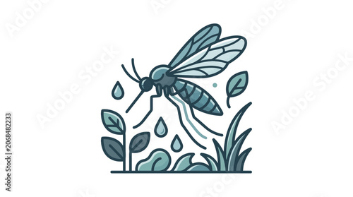 Tableau sur toile Mosquito insect icon with water drops and leaves, vector illustration