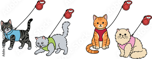 Fotografie Cute cartoon cats set wearing colorful safety harnesses and retractable leashes