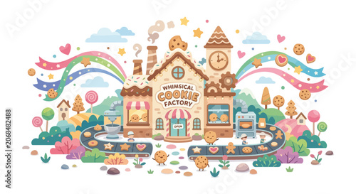 A pastel vector illustration of a whimsical cookie factory with magical production lines, sweet hills, and cute characters.