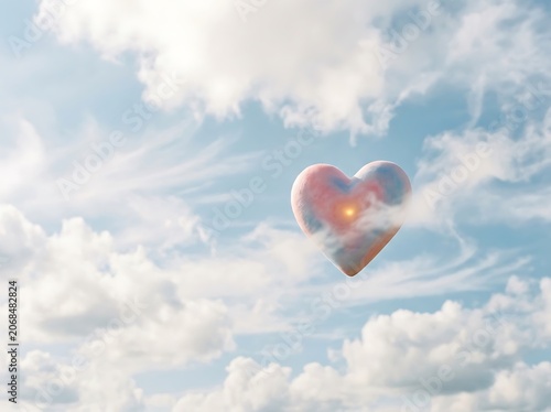 Floating Heart Balloon in Soft Sky with Clouds.