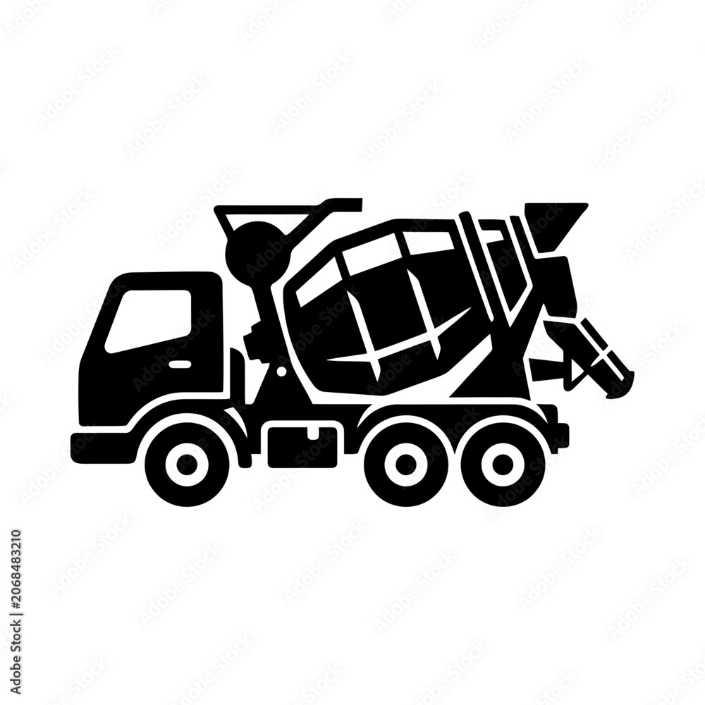 Fototapeta premium Black and white concrete mixer truck silhouette icon representing heavy construction vehicle and industrial transport equipment for building sites
