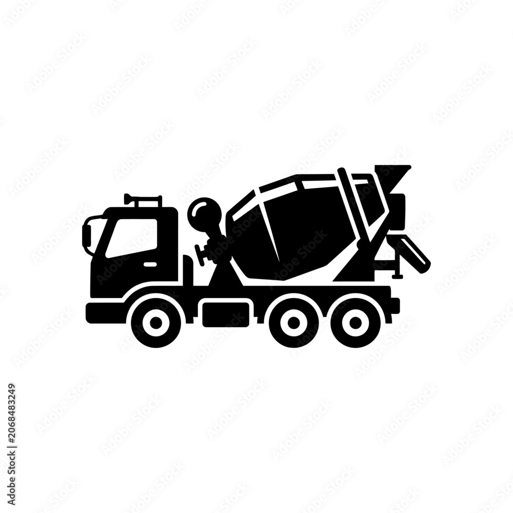 Fototapeta premium Black Concrete Mixer Truck Icon Representing Heavy Construction Vehicle Equipment for Industrial Building Projects on White Background