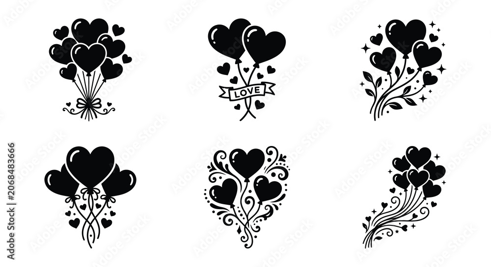 Fototapeta premium Heart shaped balloon bouquets and floral ornaments black vector illustration