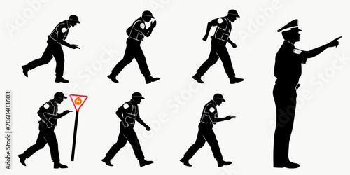 Foto Collection of police officer silhouettes performing duties and signaling with si