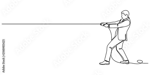 Quadro su tela Continuous single line drawing of a businessman in a suit pulling a long rope sh