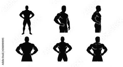 Muscular physique silhouettes black vector graphics on a white background