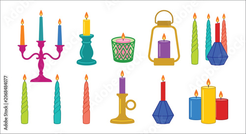 Canvastavla Collection Of Colorful Candles And Lanterns A Flat Vector Illustration On A Whit