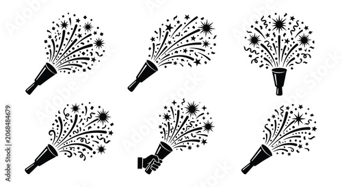 Tableau sur toile Party popper with star and confetti bursts black vector illustration