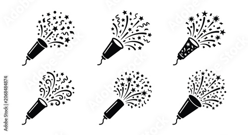 Photos Party popper with star and confetti bursts black vector illustration