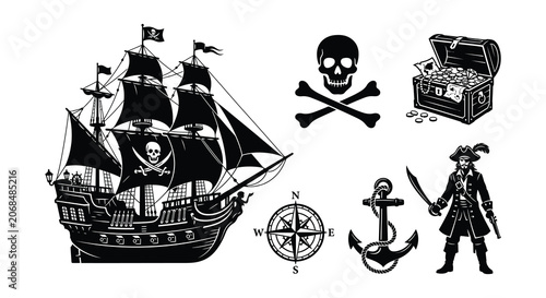 Foto Pirate Ship And Related Objects Black Silhouette Vector Illustration
