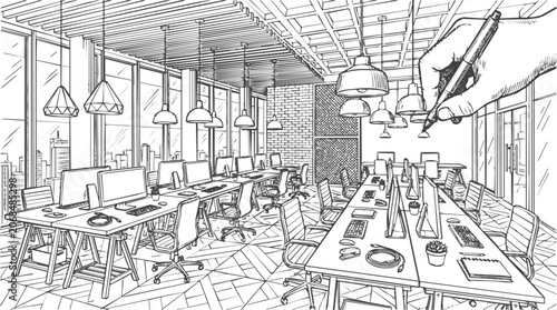 Creative hand drawn office interior sketch showing an architectural workspace design with modern desks and computer workstations