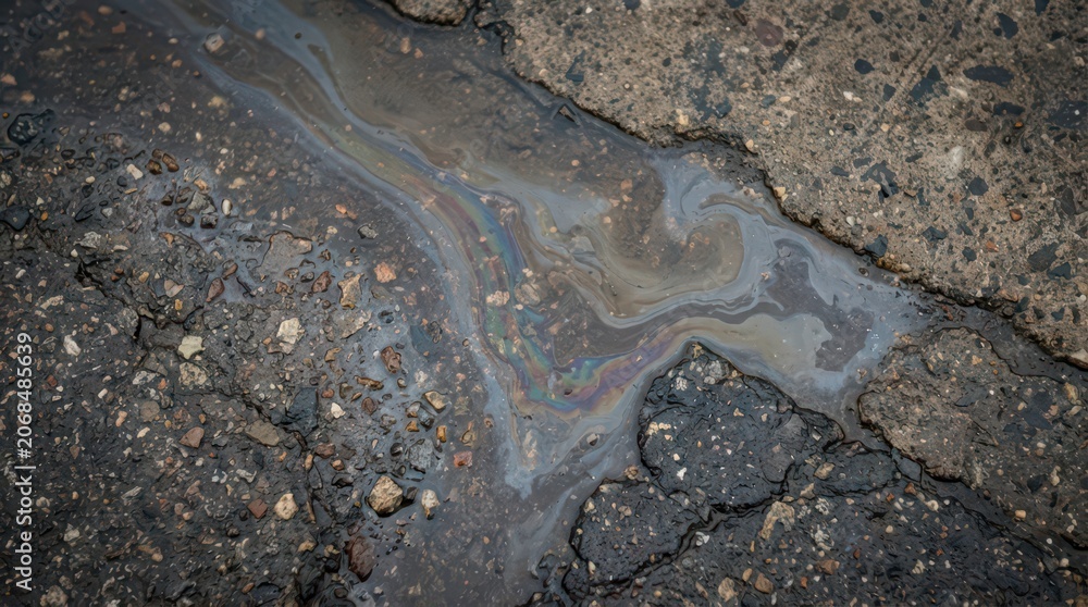 Naklejka premium Overhead view of petroleum slick flowing through cracked asphalt and gravel with rainbow iridescent patterns for environmental background and pollution awareness banner