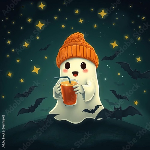 Flickering stars on a dark night sky surround a cute ghost in an orange beanie holding a drink surrounded by bats, stars, bats