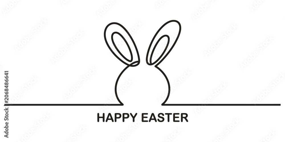 Obraz premium Happy easter greeting with minimalist one line drawing of a cute bunny rabbit