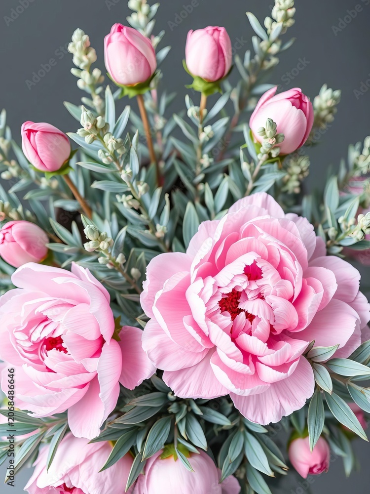 Obraz premium Soft pink peonies bloom amidst delicate blue-green foliage in a watercolor-inspired bouquet, delicate, blue-green
