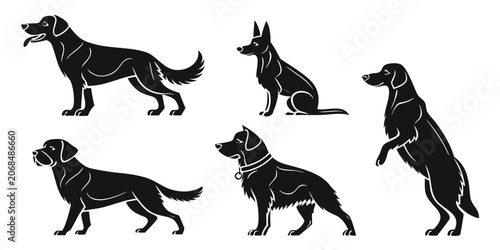 Obraz na płótnie Set of black silhouettes showing dogs in different poses and stances with silhou