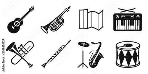 Photography Set of black and white musical instruments silhouette icons collection for graph