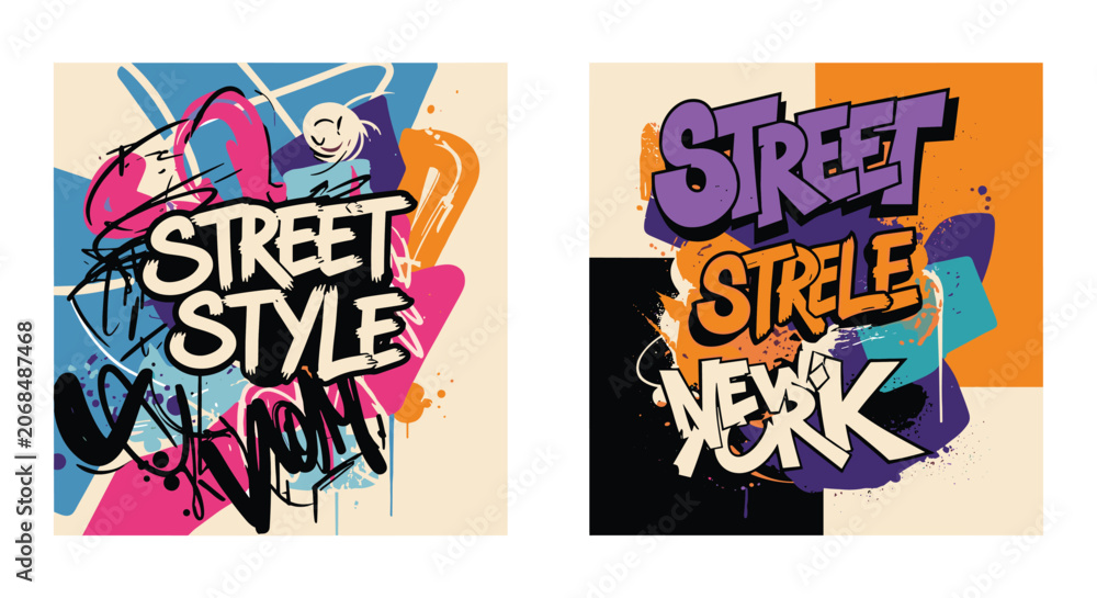 Obraz premium Dynamic urban graffiti art features bold street style typography with vibrant colors and expressive splatters on a multi-paneled background.