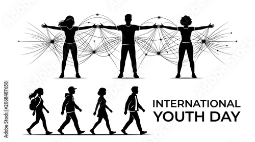 Silhouettes of connected people and walking youth for International Youth Day banner.