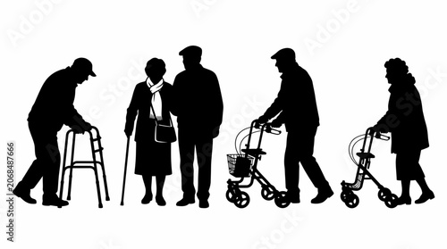 Silhouettes of diverse elderly people walking with various assistive mobility devices