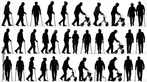 Silhouettes of elderly people walking with canes and walkers.