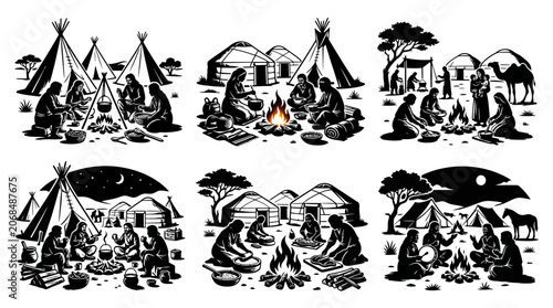 Silhouettes of indigenous camp life with tipis, yurts, and campfires.