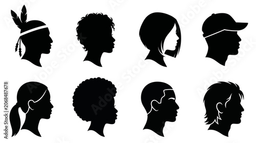 Silhouettes of diverse human heads in profile facing different directions.