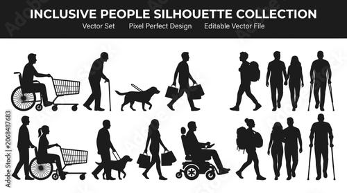 Silhouettes of diverse inclusive people including wheelchair users and individuals with service dogs.