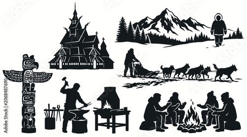 Silhouettes of Nordic village life featuring sled dogs, mountains, and traditional scenes.