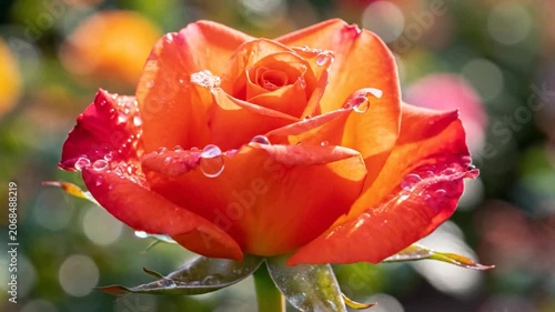 A vibrant orange rose bud blooms in a sunny garden