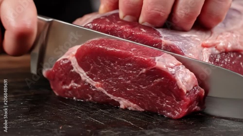Close-up of sharp silver stainless steel chef's knife slicing through fresh raw red beef meat steak on dark wooden cutting board, showing muscle fiber and marbling detail.