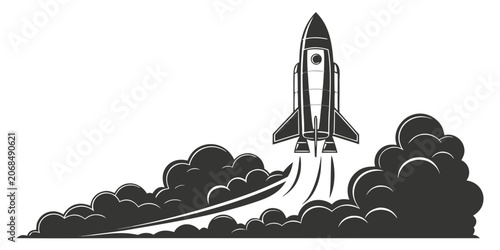 Foto Graphic illustration of space rocket launching with thick smoke exploration prop