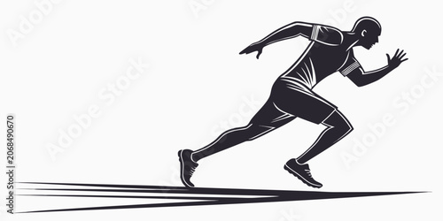 Graphic silhouette of a professional runner sprinting forward with silhouette competition exercise training movement velocity athletic muscular performance lifestyle determination challenge
