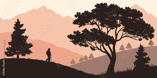 Obraz na płótnie Hiker with walking pole silhouette in mountain landscape at sunset trekking moun