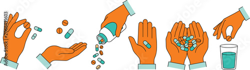 Hands holding pills, pouring medicine from bottle and taking capsules vector illustration set