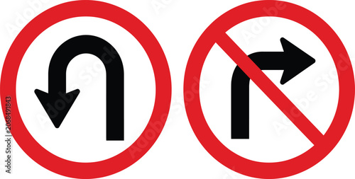 Bild auf Leinwand U Turn and No Right Turn Traffic Sign Icons Featuring Road Direction Restriction