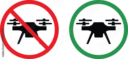 Tableau sur toile Drone Allowed and No Drone Flying Icons Featuring Unmanned Aerial Vehicle Symbol