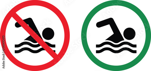 Schilderij op canvas Swimming Allowed and No Swimming Prohibition Icons Featuring Pool Safety Symbols