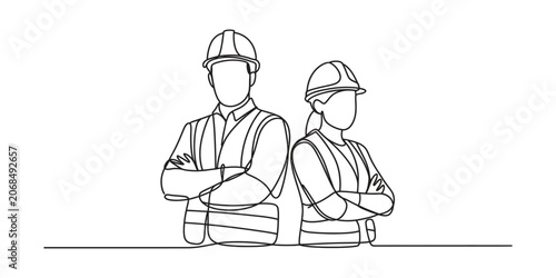 Quadro su tela Continuous one line drawing of construction workers in safety helmets and vests