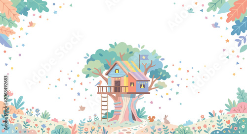 Foto Enchanting pastel vector art depicts a colorful treehouse in a blooming garden with playful animals, floating stars, and a decorative leaf border